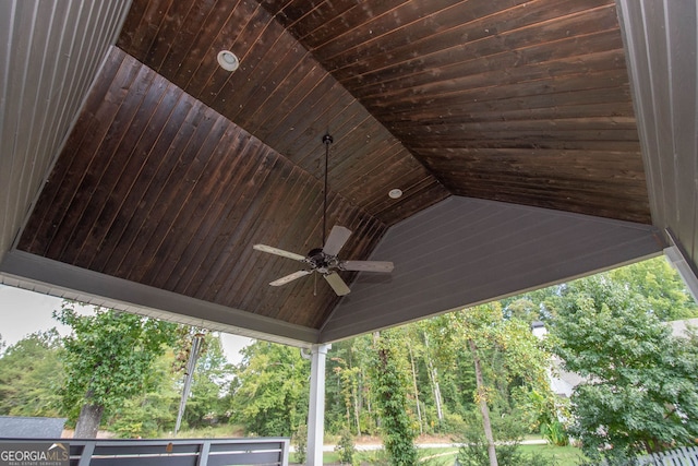 details featuring ceiling fan and wood ceiling