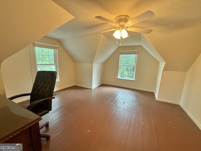 interior space featuring dark wood-type flooring, vaulted ceiling, a healthy amount of sunlight, and ceiling fan