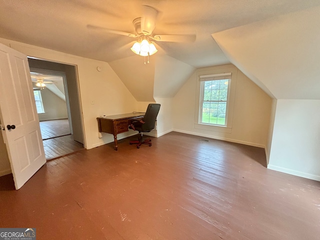 bonus room with lofted ceiling, ceiling fan, and dark hardwood / wood-style flooring