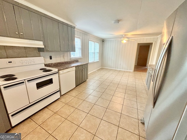 kitchen featuring gray cabinets, white appliances, ornamental molding, and ceiling fan