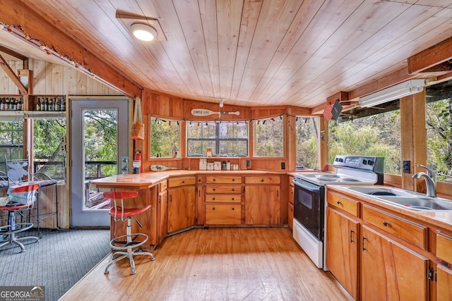 kitchen featuring wooden ceiling, light hardwood / wood-style flooring, white range with electric cooktop, and wood walls