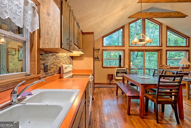 kitchen with a textured ceiling, a wealth of natural light, sink, and electric stove