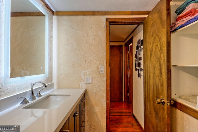 bathroom with vanity and hardwood / wood-style floors