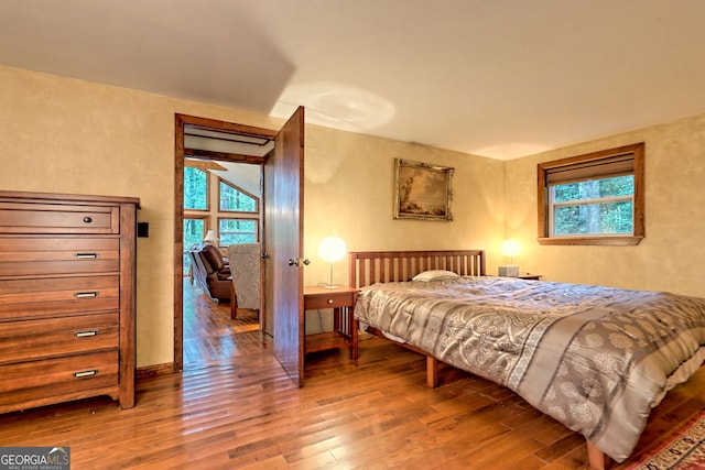 bedroom featuring multiple windows and hardwood / wood-style flooring