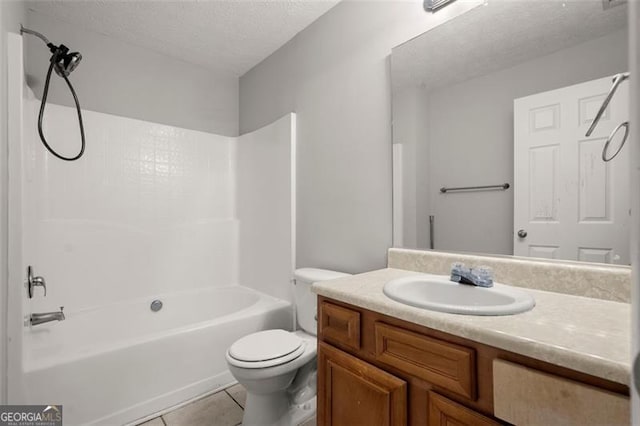 full bathroom with vanity, bathtub / shower combination, tile patterned flooring, a textured ceiling, and toilet