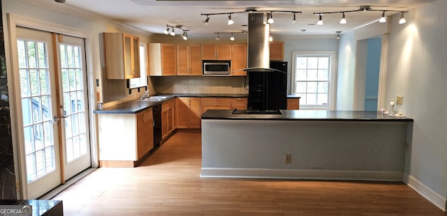 kitchen featuring a wealth of natural light, black appliances, light hardwood / wood-style floors, and tasteful backsplash