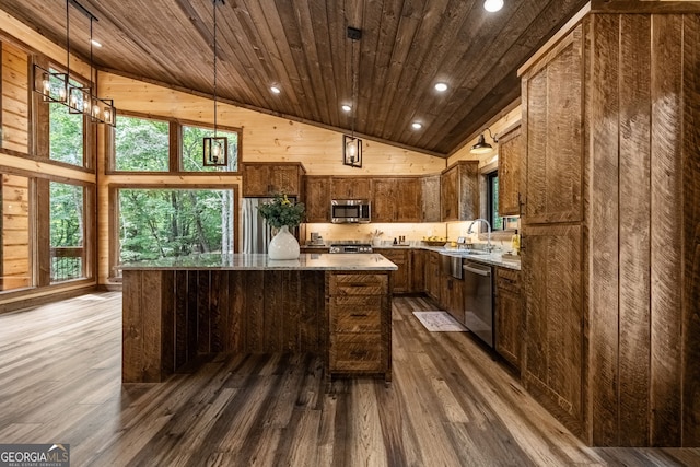 kitchen featuring a kitchen island, wood ceiling, dark wood-type flooring, and wood walls