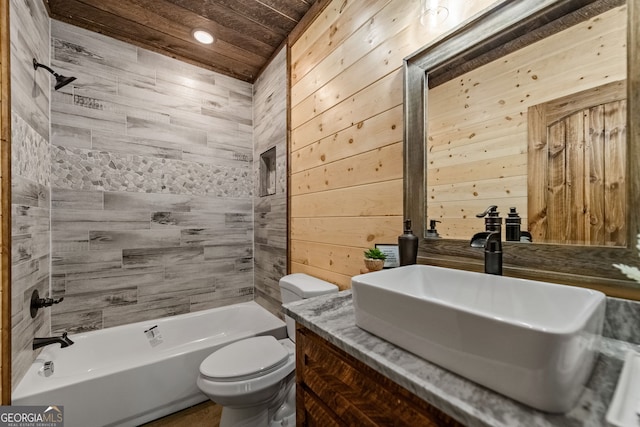 full bathroom with vanity, wooden ceiling, toilet, and wooden walls