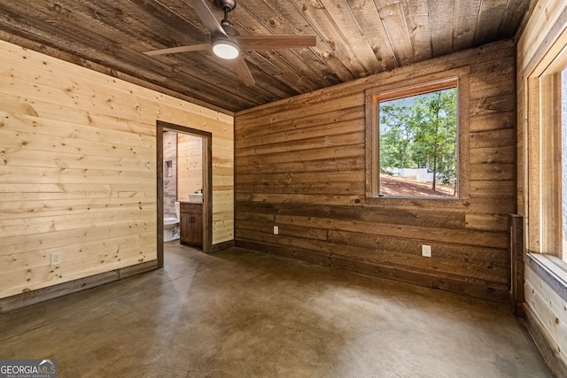 unfurnished room featuring ceiling fan, wood walls, and wooden ceiling