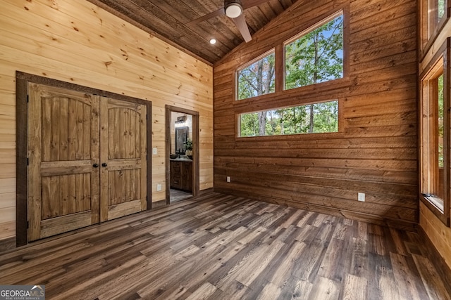 interior space with ensuite bathroom, dark hardwood / wood-style flooring, wood ceiling, and wood walls