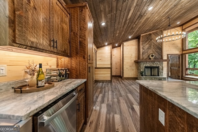 bar with dishwasher, wooden ceiling, dark wood-type flooring, lofted ceiling, and wooden walls