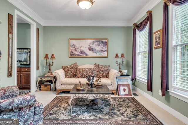 living area featuring baseboards, light colored carpet, and ornamental molding
