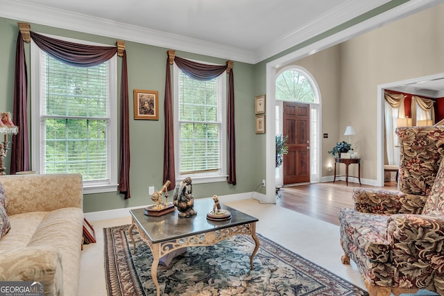 living room with baseboards, ornamental molding, and plenty of natural light