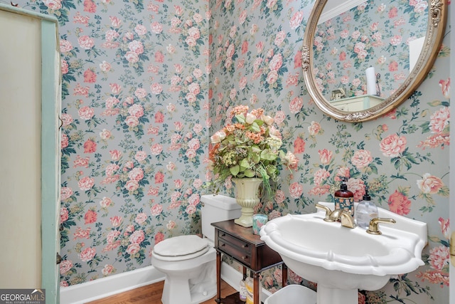 half bath featuring baseboards, wallpapered walls, toilet, a sink, and wood finished floors
