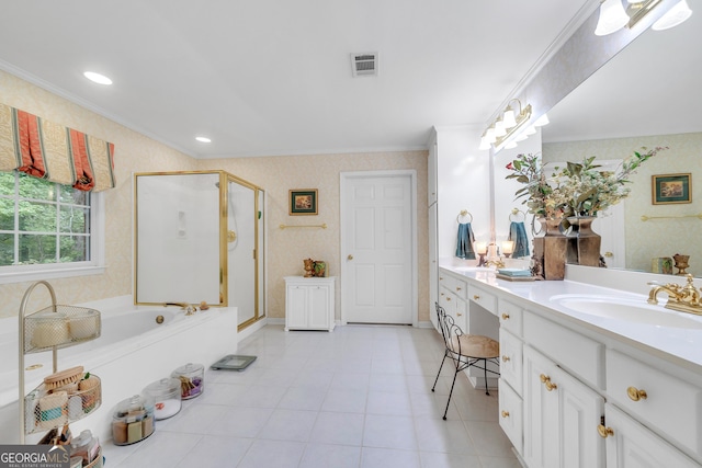 full bath with visible vents, crown molding, a shower stall, vanity, and a garden tub