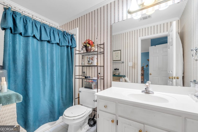 bathroom featuring visible vents, wallpapered walls, and ornamental molding