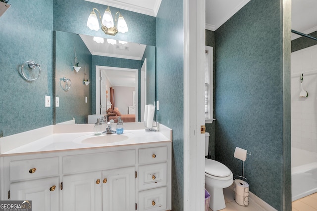 full bathroom featuring toilet, crown molding, wallpapered walls, and connected bathroom