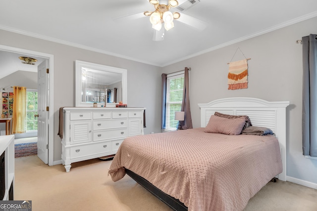 bedroom with crown molding, visible vents, and light colored carpet