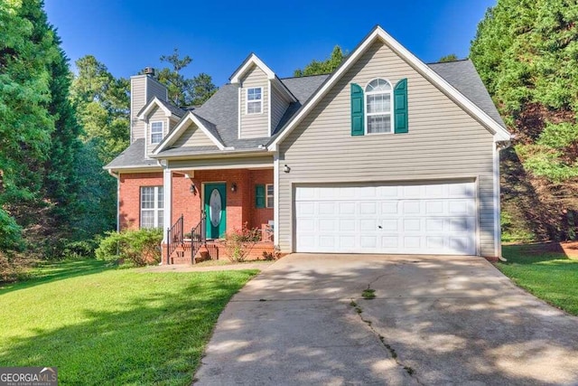 view of front facade featuring a garage, covered porch, and a front yard