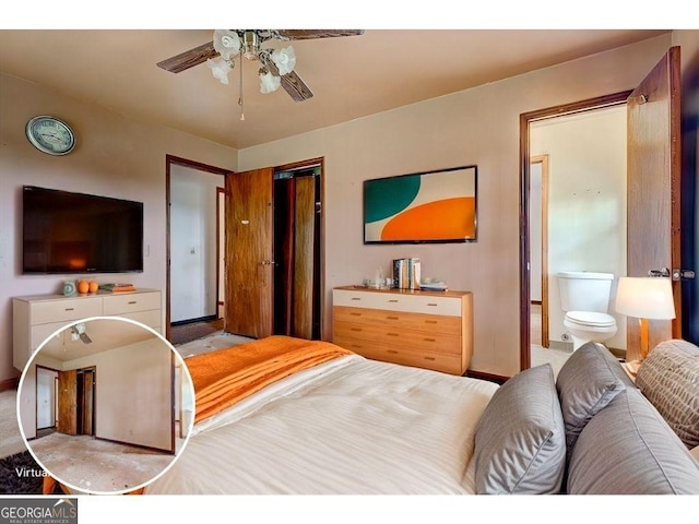 bedroom with ceiling fan and ensuite bathroom