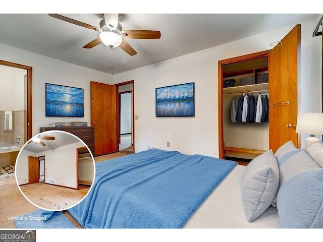 bedroom with a closet, ceiling fan, and ensuite bathroom