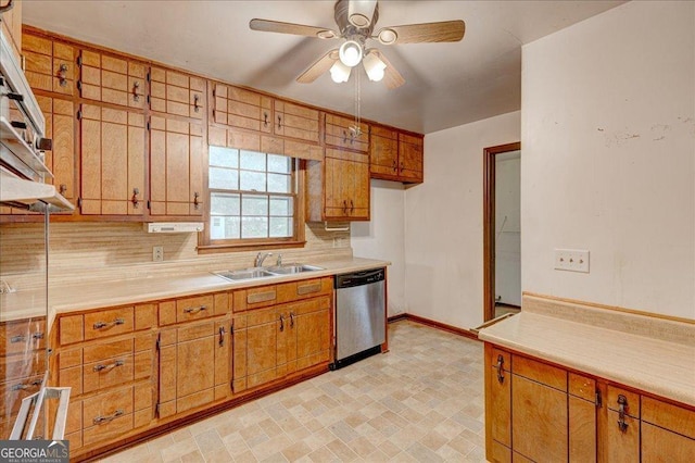 kitchen with sink, ceiling fan, stainless steel dishwasher, and tasteful backsplash