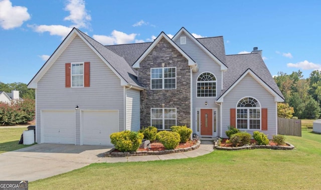 view of property with a front yard and a garage