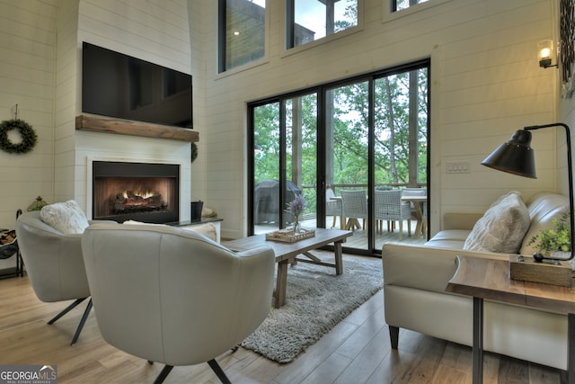 living room with light hardwood / wood-style flooring, a towering ceiling, and a healthy amount of sunlight