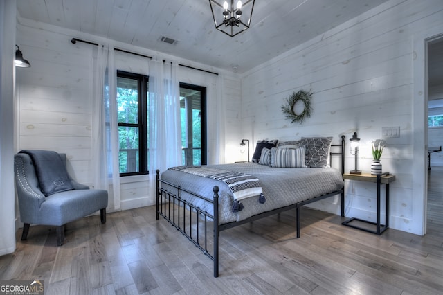 bedroom featuring wood ceiling, wood walls, and hardwood / wood-style floors