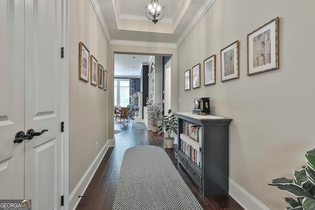 corridor with a chandelier, crown molding, and dark hardwood / wood-style flooring