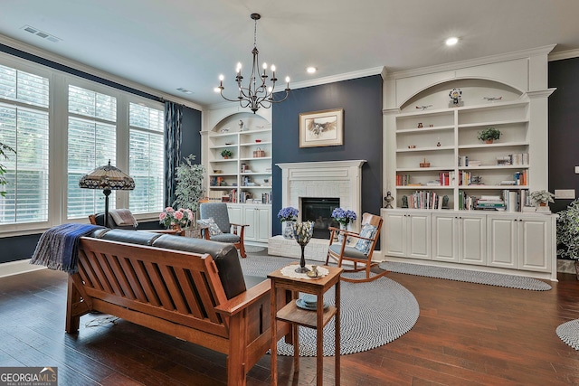 living room with dark hardwood / wood-style flooring, a brick fireplace, and plenty of natural light