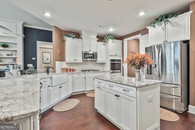 kitchen featuring light stone countertops, appliances with stainless steel finishes, dark hardwood / wood-style floors, and sink