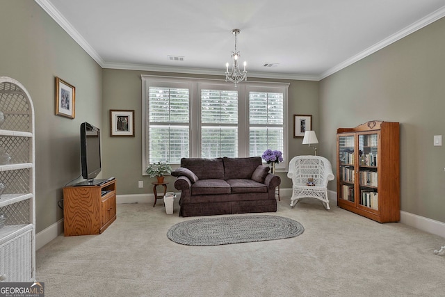 carpeted living room with ornamental molding and a chandelier