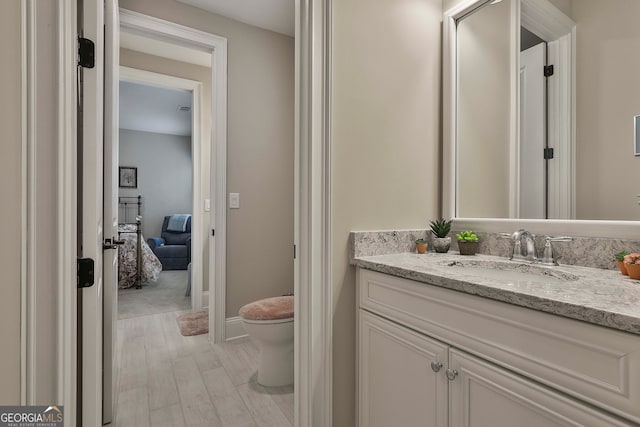 bathroom with wood-type flooring, vanity, and toilet