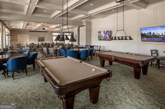 playroom featuring carpet flooring, coffered ceiling, beamed ceiling, and billiards