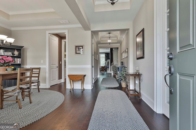 foyer entrance featuring ornamental molding, a raised ceiling, and dark wood-type flooring