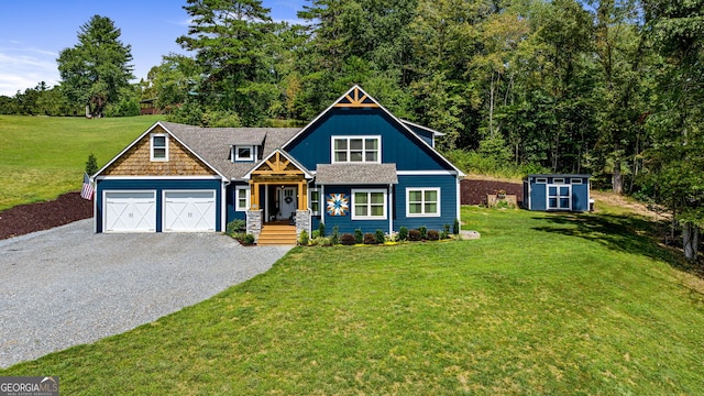 craftsman-style home with a shed and a front lawn