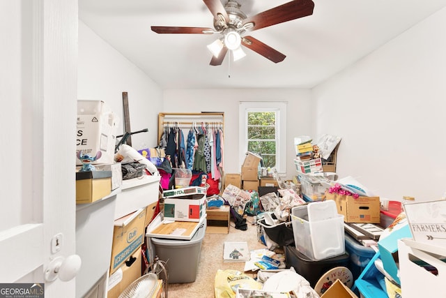 storage room featuring ceiling fan