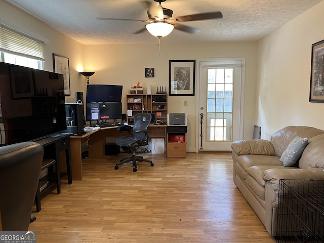 home office with light wood finished floors, a textured ceiling, and ceiling fan