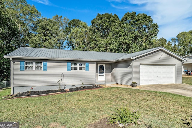 315 Watts Rd, Hiram, GA 30141 - ranch-style house featuring a garage, a front lawn, metal roof, and crawl space