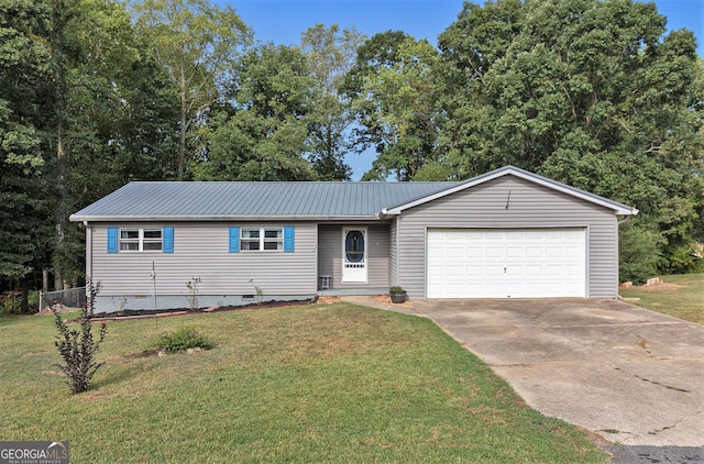 315 Watts Rd, Hiram, GA 30141 - ranch-style house featuring an attached garage, driveway, metal roof, and a front yard