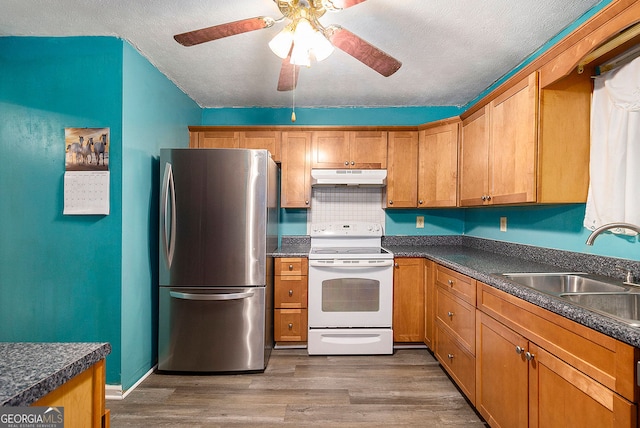 315 Watts Rd, Hiram, GA 30141 - kitchen with freestanding refrigerator, dark countertops, white range with electric cooktop, under cabinet range hood, and a sink