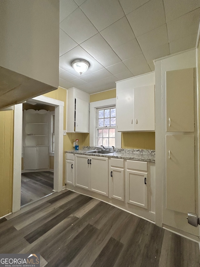 kitchen with light stone countertops, white cabinetry, dark hardwood / wood-style floors, and sink