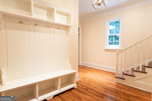 mudroom with hardwood / wood-style flooring and crown molding