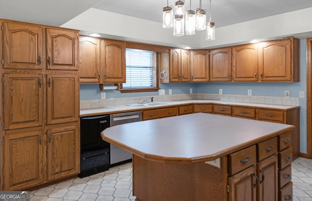 4909 Perry Rd, Claxton, GA 30417 - kitchen with dishwasher, brown cabinets, light countertops, pendant lighting, and black dishwasher
