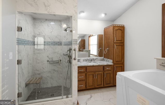 4909 Perry Rd, Claxton, GA 30417 - full bath with marble look tile flooring, vanity, a shower stall, and a bath
