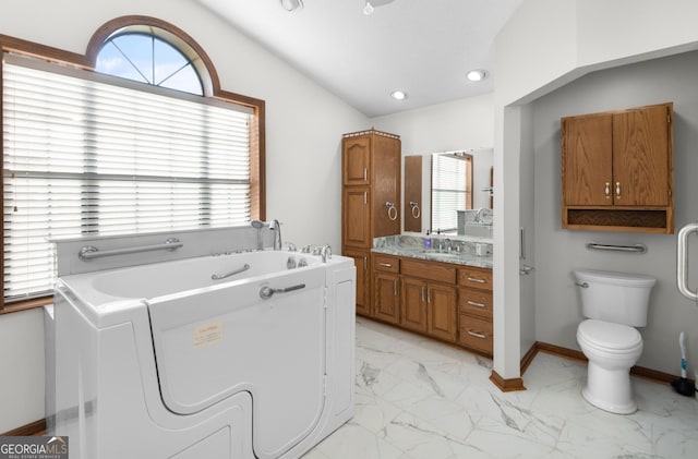 4909 Perry Rd, Claxton, GA 30417 - bathroom featuring marble finish floors, vanity, a garden tub, vaulted ceiling, and plenty of natural light