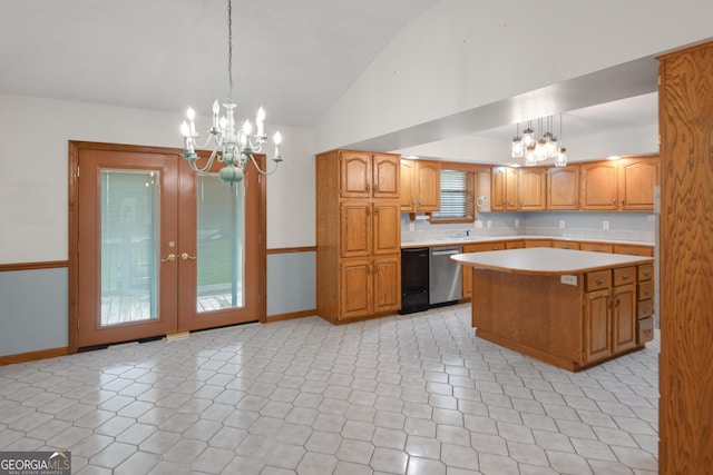 4909 Perry Rd, Claxton, GA 30417 - kitchen featuring a chandelier, light countertops, stainless steel dishwasher, vaulted ceiling, and a center island