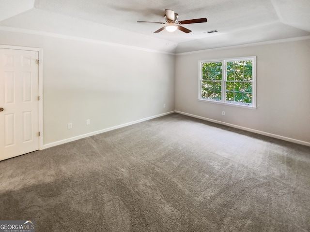 spare room featuring carpet, ceiling fan, and a raised ceiling