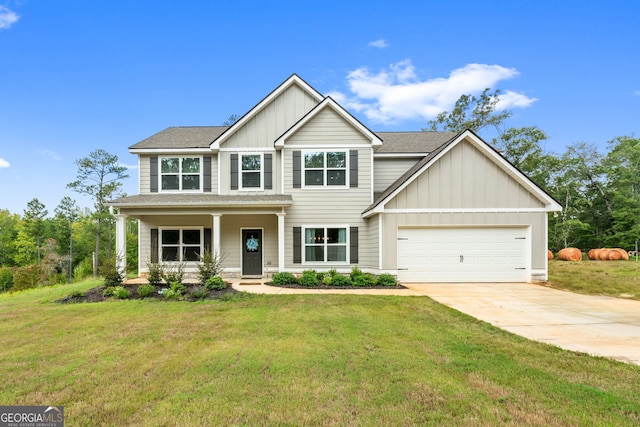 craftsman-style house with a front lawn, a porch, and a garage